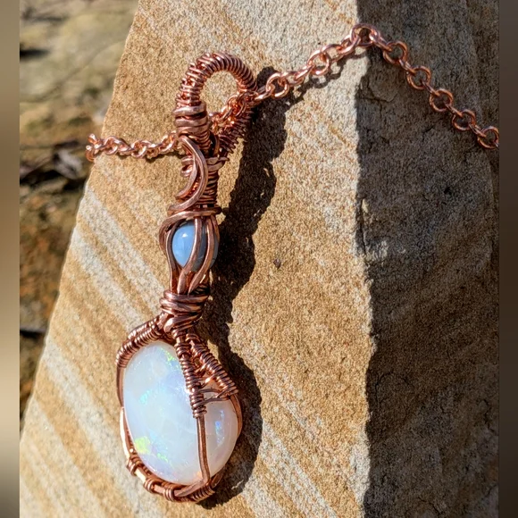 Mystical Opal Amulet Necklace Artisan Copper Wire Wrap With Dainty Chain - Picture 6 of 15